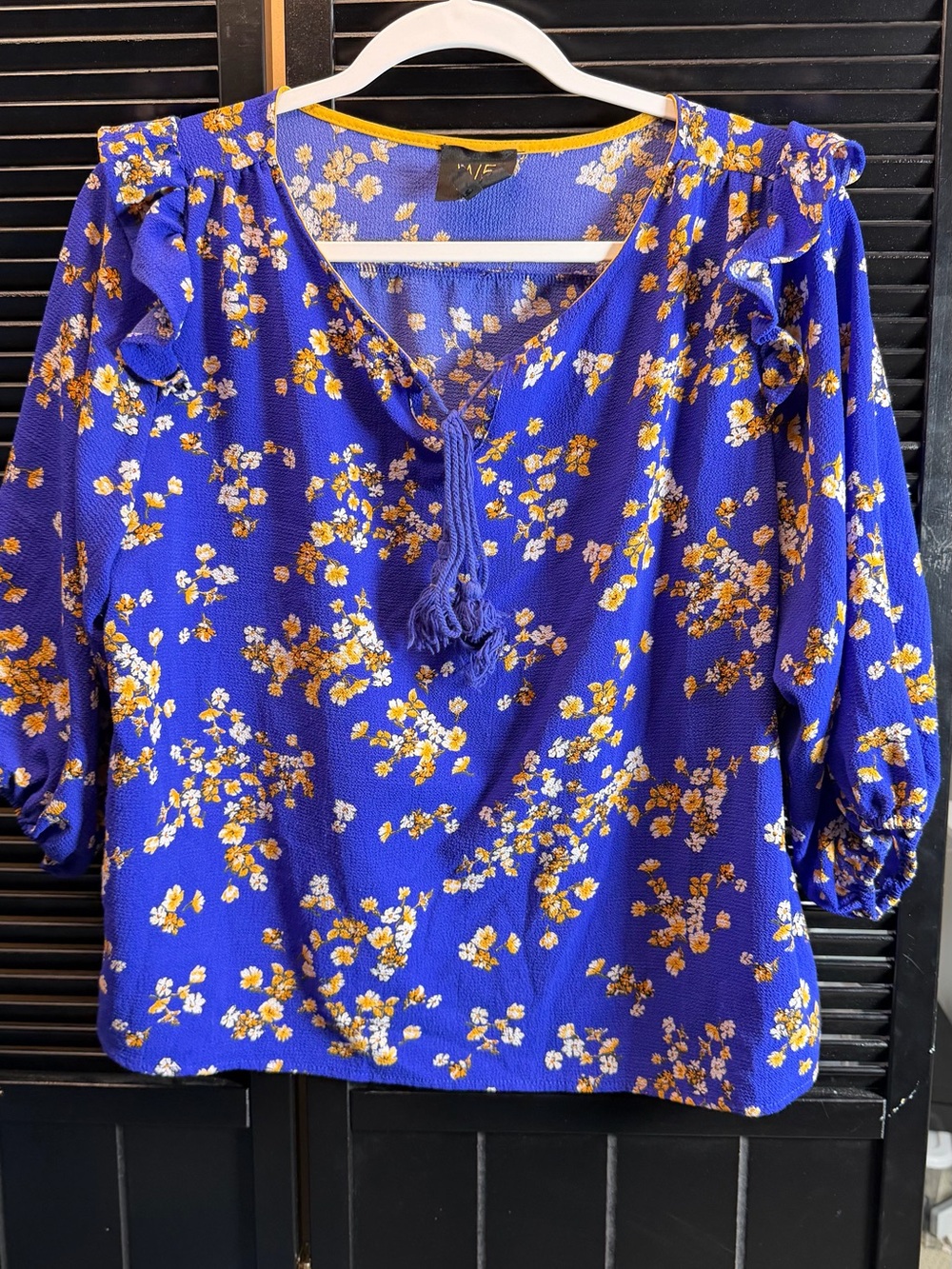 W5 Royal Blue Floral Ruffle-Sleeve Peasant Blouse